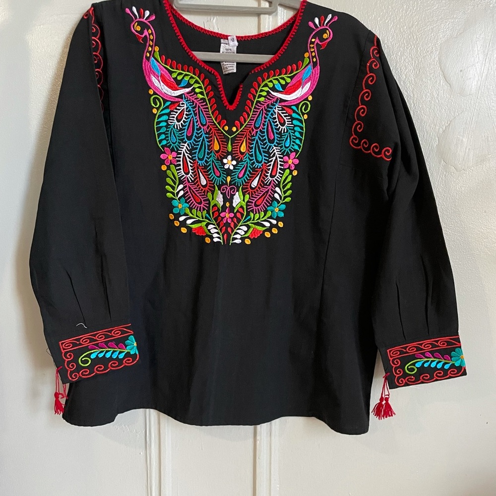 New embroidered black blouse. 100% cotton. Size large.